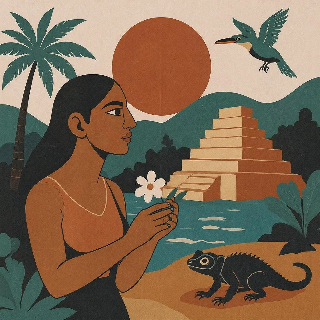 Mural editorial: mujer maya con flor frente a la pirámide y la selva de Tulum