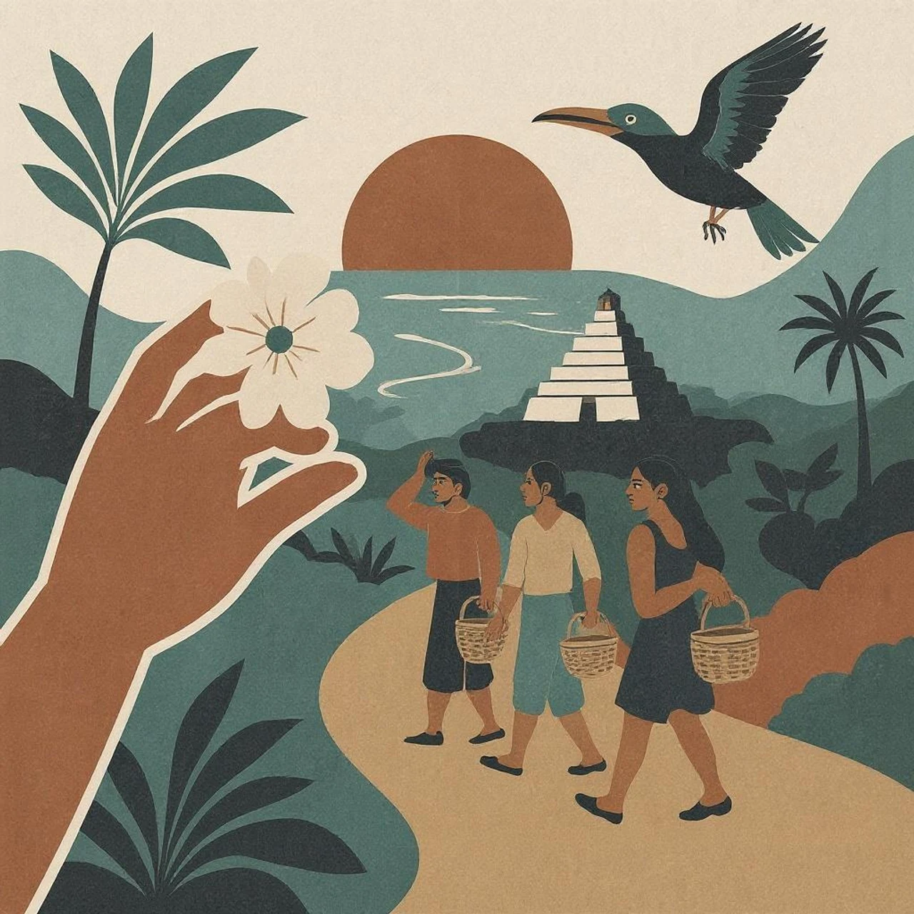 Mural editorial: figuras caminando hacia la pirámide con un quetzal en vuelo